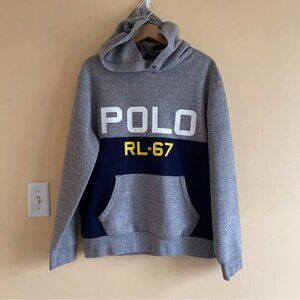 MEN'S POLO RL-67 DOUBLE KNIT PULLOVER COLOR BLOCK HOODIE DARK VINTAGE HEATHER